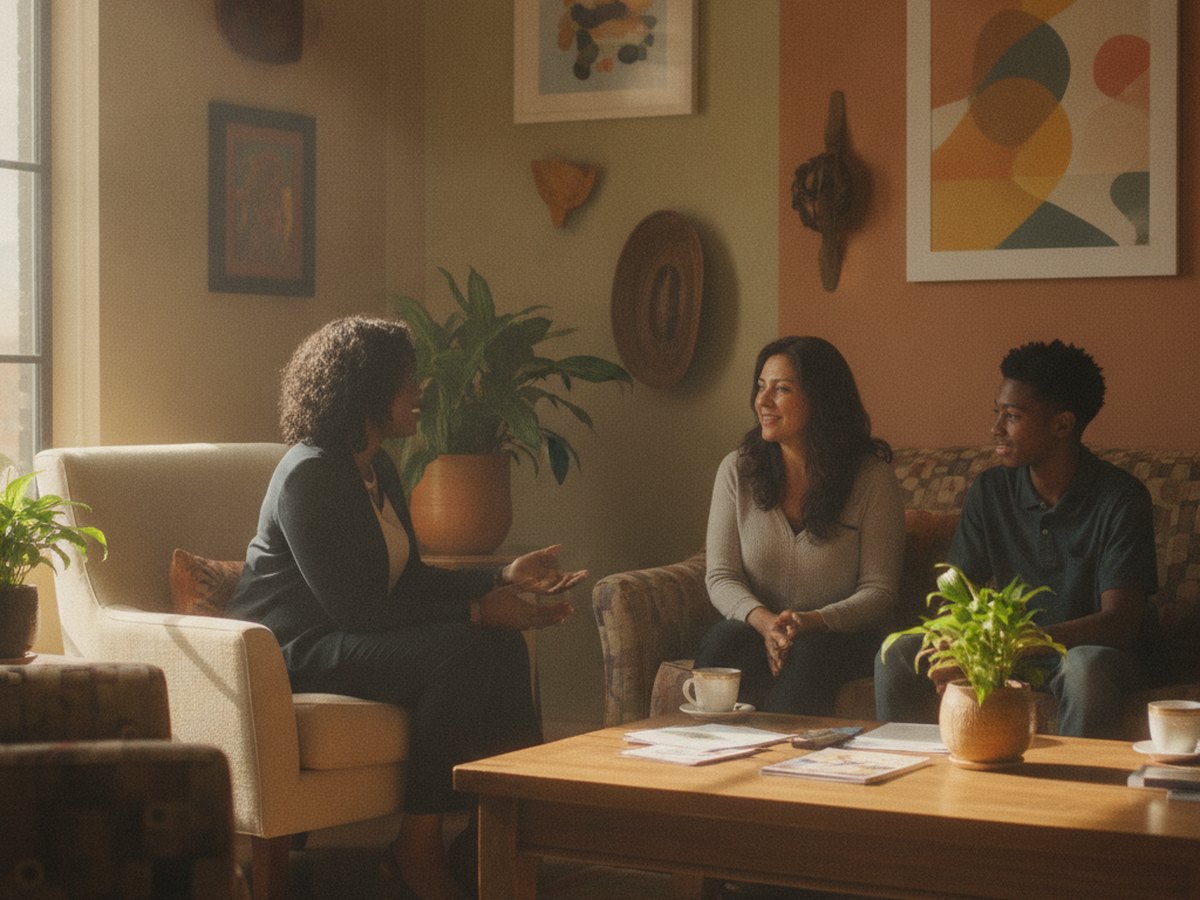 A care navigator sitting with a family in a welcoming community-care setting